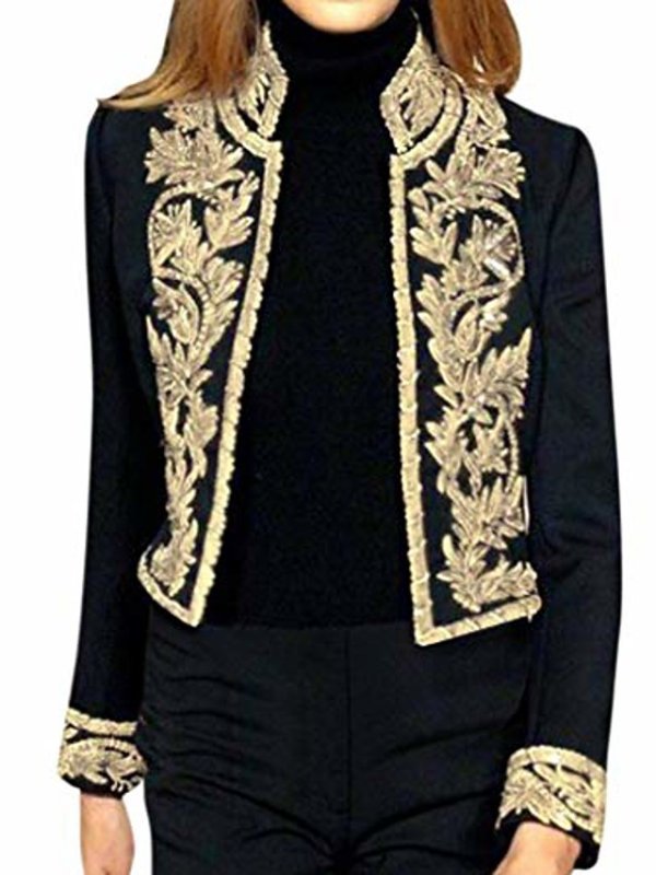 Womens Victorian Steampunk Ringmaster Jacket Vintage Floral Embroidered Military Stand Collar Open Front Cardigans Suit Casual Office Black