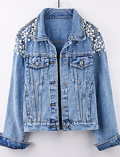 Women'S Fall Single Breasted Shirt Collar Denim Jacket Short Solid Colored Daily Basic Blue / Loose